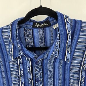 Alan Stuart Vintage Patterned Pullover Shirt Mens XL Geometric Stripe Rayon Blue